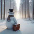 A snowman with a suitcase in a winter forest at dawn. Royalty Free Stock Photo