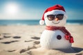 Snowman with sunglasses on the beach. Christmas and New Year concept, Happy sandy snowman with sunglasses and Santa hat on a sunny Royalty Free Stock Photo