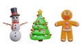 Snowman in top hat, decorated Christmas tree, smiling gingerbread man Royalty Free Stock Photo