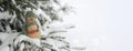 Snowman, toy on the background of a snowy Christmas tree. Snowing. Selective focus, blurred winter background. The