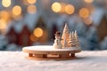 Snowman toy and Christmas ornament on wooden table with snow with blurred snow town and light bokeh background, Christmas Royalty Free Stock Photo