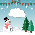 Snowman with tree, cloud, stars and colourful flags on sky background. Merry Christmas and Happy New Year concept.