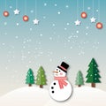 Snowman with tree, starlight, ball on snow white background. Merry Christmas and Happy New Year concept. Royalty Free Stock Photo