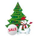 Snowman under the Christmas tree with a circular sign sale. Vector Royalty Free Stock Photo