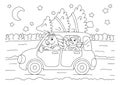 Snowman and unicorn are driving a car for the Christmas holiday. Coloring book page for kids. Cartoon style character. Vector