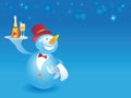 Snowman-waiter with champagne on blue