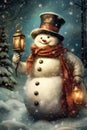 Snowman wearing black top hat and red patterned scarf with lighted lanterns in his hands close up. Royalty Free Stock Photo