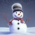 Snowman wearing gray and black top hat, red and blue and yellow scarf, AI generated. Royalty Free Stock Photo