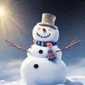 Snowman wearing gray top hat and orange and blue and green scarf, AI generated. Royalty Free Stock Photo