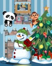 Snowman Wearing A Green Head Cover And A Scarf Playing Saxophone with christmas tree and fire place Vector Illustration