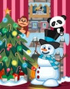 Snowman Wearing A Hat And A Blue Scarf with christmas tree and fire place Illustration Royalty Free Stock Photo