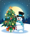 Snowman Wearing A Hat And A Blue Scarf With Christmas Tree And Full Moon At Night Background For Your Design Vector Illustration Royalty Free Stock Photo