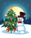 Snowman wearing a hat and a bow ties With Christmas Tree And Full Moon At Night Background For Your Design Vector Illustration