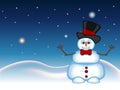 Snowman wearing a hat hat and bow ties waving his hand with star, sky and snow hill background for your design vector illustration