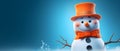A snowman wearing a hat and orange bow tie