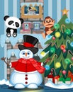 Snowman Wearing A Hat, Red Sweater And Red Scarf Waving His Hand with christmas tree and fire place Illustration Royalty Free Stock Photo