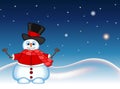 Snowman wearing a hat, red sweater and a red scarf waving his hand with star, sky and snow hill background for your design vector Royalty Free Stock Photo