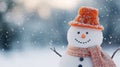 A snowman wearing an orange hat and scarf, AI Royalty Free Stock Photo