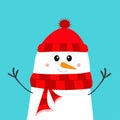 Snowman wearing red hat and scarf. Merry Christmas. Happy New Year. Cute cartoon kawaii baby character. Face with carrot nose. Royalty Free Stock Photo