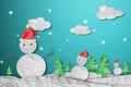 Snowman wearing red Santa hat in winter with snow, paper cut made of crumpled paper, Christmas Background
