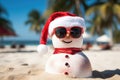 snowman wearing red sunglasses and santa hat on tropical beach, happy sandy snowman with sunglasses and Santa hat on sunny Royalty Free Stock Photo