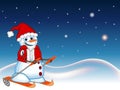 Snowman wearing a Santa Claus costume is skiing with star, sky and snow hill background for your design Vector Illustration Royalty Free Stock Photo