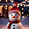 snowman wearing santa hat with christmas lights