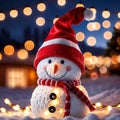 snowman wearing santa hat with christmas lights