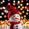 snowman wearing santa hat with christmas lights