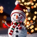 snowman wearing santa hat with christmas lights