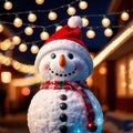 snowman wearing santa hat with christmas lights