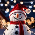 snowman wearing santa hat with christmas lights