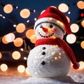 snowman wearing santa hat with christmas lights