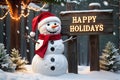 Snowman Wearing Santa Hat Leaning Against a Vintage Wooden Sign that Reads \