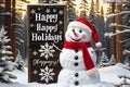 Snowman Wearing Santa Hat Leaning Against a Vintage Wooden Sign that Reads \