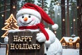 Snowman Wearing Santa Hat Leaning Against a Vintage Wooden Sign that Reads \