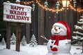 Snowman Wearing Santa Hat Leaning Against a Vintage Wooden Sign that Reads \