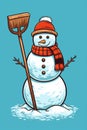 Snowman wearing scarf and holding a shovel, pop art style background Royalty Free Stock Photo