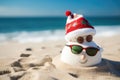 Snowman wearing sunglasses on the beach. Christmas and New Year concept, Happy sandy snowman with sunglasses and Santa hat on a Royalty Free Stock Photo