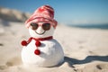 Snowman wearing sunglasses and red scarf on the beach at Christmas time, Happy sandy snowman with sunglasses and Santa hat on a Royalty Free Stock Photo