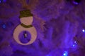 Snowman on white Christmas trees are decorated with beautiful objects