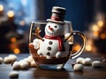 Smiling sympathic snowman white cookie with chocolate in glass cup on dark background