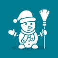 Snowman white icon on blue background with hat, scarf, broom, mittens. Vector simple silhouette snowman llustration Royalty Free Stock Photo