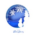 Snowman. White snowflakes. Origami paper cut snow design. Merry Christmas and Happy New Year. Origami Winter Landscape