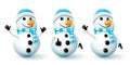 Snowman winter character vector set. Snow man 3d characters with scarf and hat in waving, thumbs up and jolly pose and gesture.