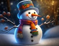 Snowman in winter Christmas landscape. Magical Christmas night