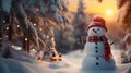 snowman in winter christmas scene with snow pine trees and warm light Royalty Free Stock Photo