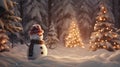 snowman in winter christmas scene with snow pine trees and warm light Royalty Free Stock Photo