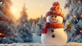 snowman in winter christmas scene with snow pine trees and warm light Royalty Free Stock Photo