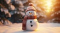 snowman in winter christmas scene with snow pine trees and warm light Royalty Free Stock Photo